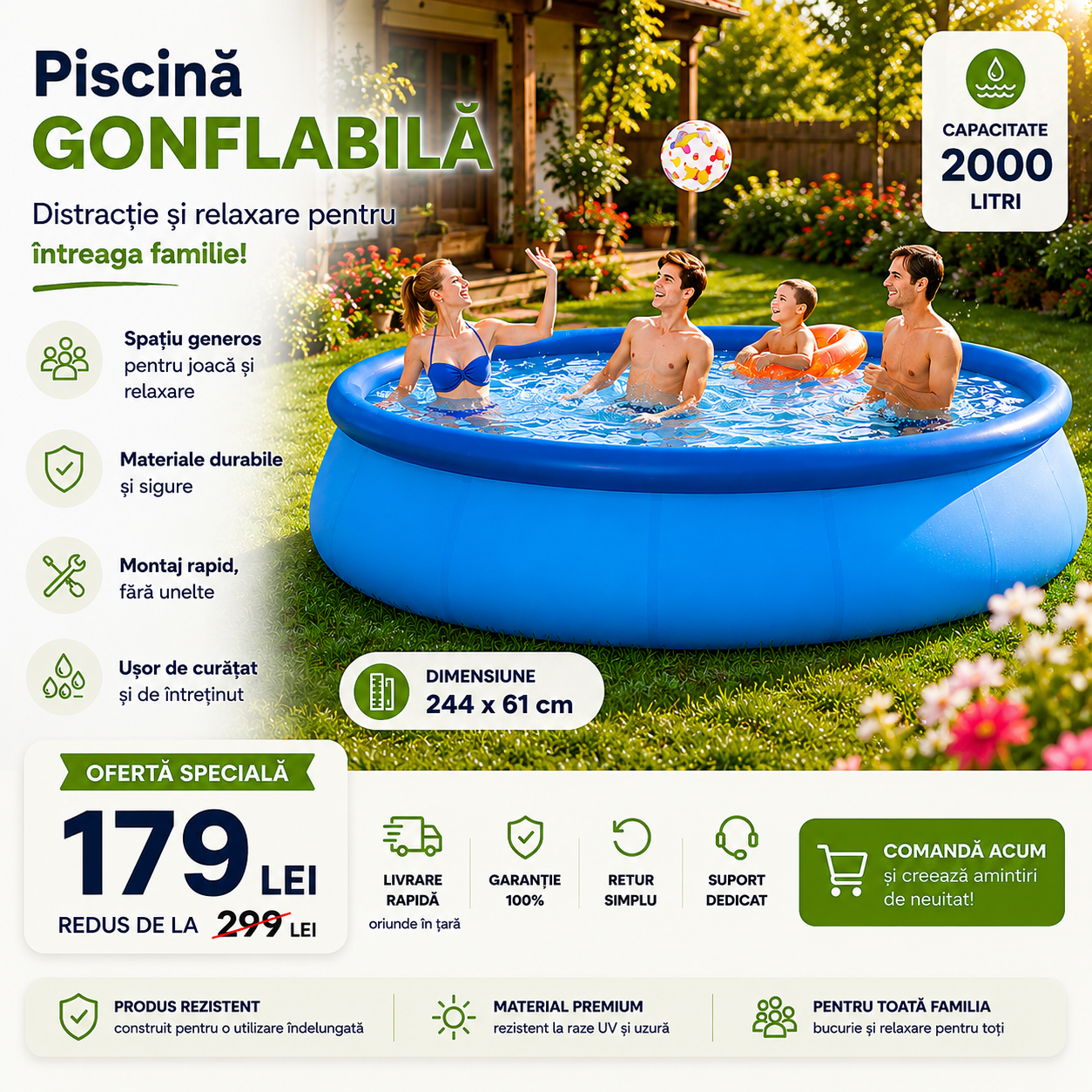 Piscină Gonflabilă, Dimensiune 244x61cm, Capacitate 2000 Litri, foarte Spațioasă, Rezistentă, Kit Reparații Inclus
