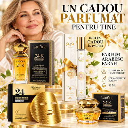 Set Îngrijire Ten 24K Golden Collagen - Cremă Anti-Rid, Ser cu Acid Hialuronic și 5 Măști Fagure Aurii + CADOU Parfum Arăbesc Farah (40ml+40ml+5x28ml+35ml)