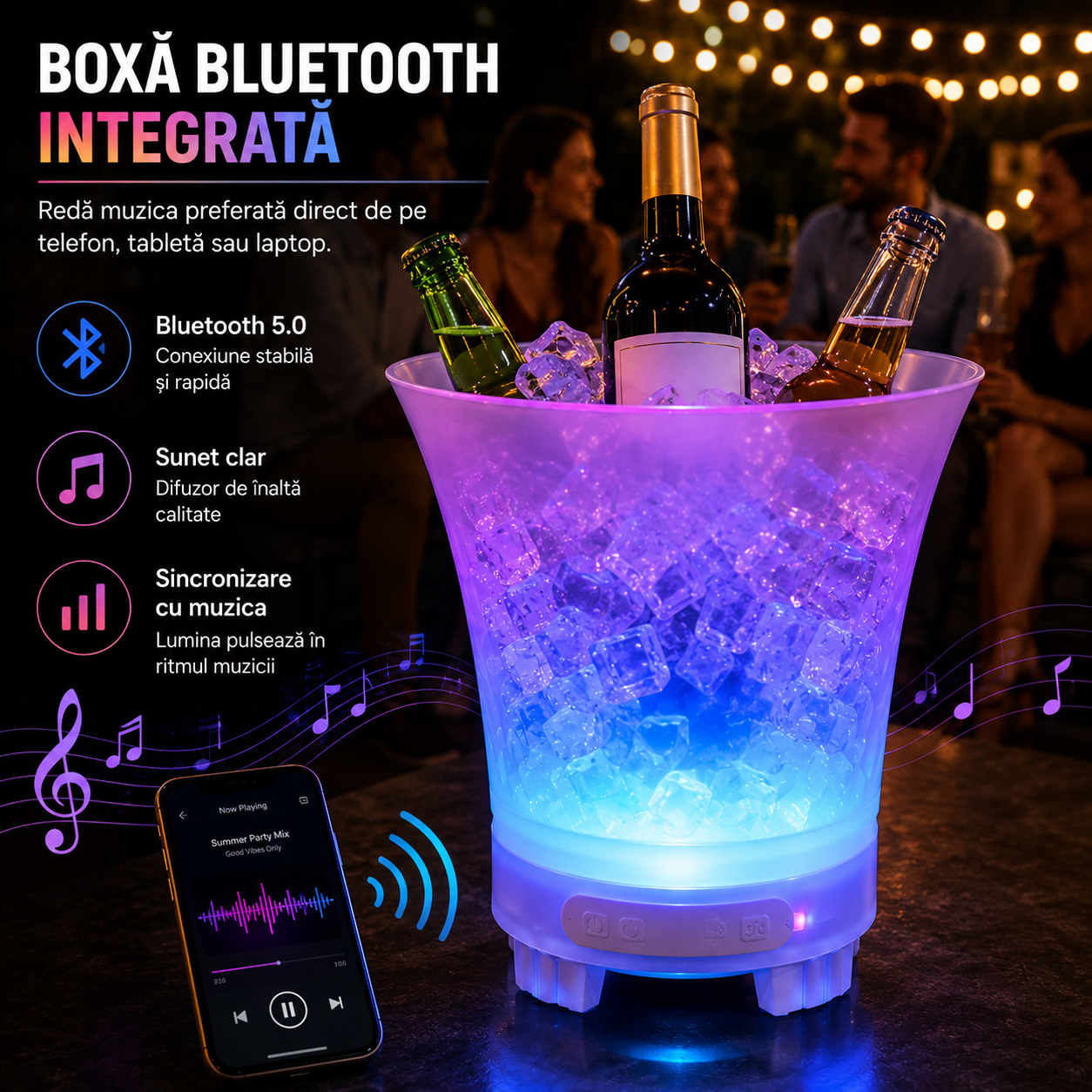 Frapieră PREMIUM cu Boxă Integrată (Conectare Bluetooth) și Iluminare LED Multicolor RGB, Capacitate Mare de 7 Litri, Reîncarcabilă (USB Type-C)