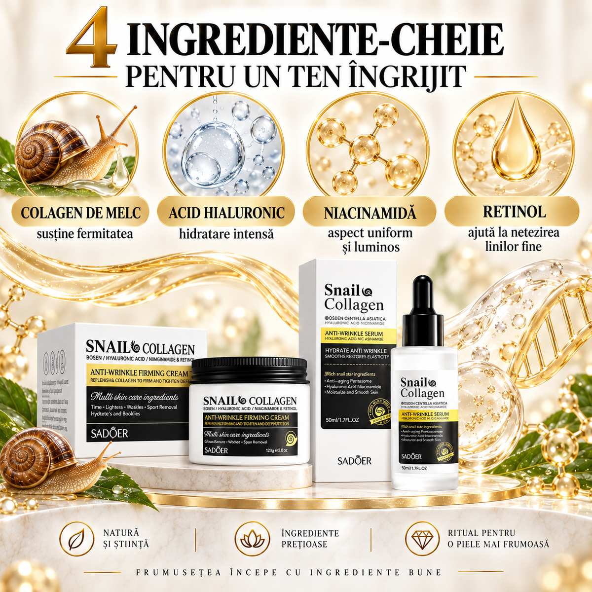 Pachet Îngrijire Ten: Cremă Anti-Rid cu Colagen de Melc și Acid Hialuronic (120g)+ Ser Facial cu Colagen de Melc și Acid Hialuronic (50ml), DUO Anti-Îmbătrânire, Anti-Riduri, Redă Fermitate și Aspectul Tânăr al Tenului