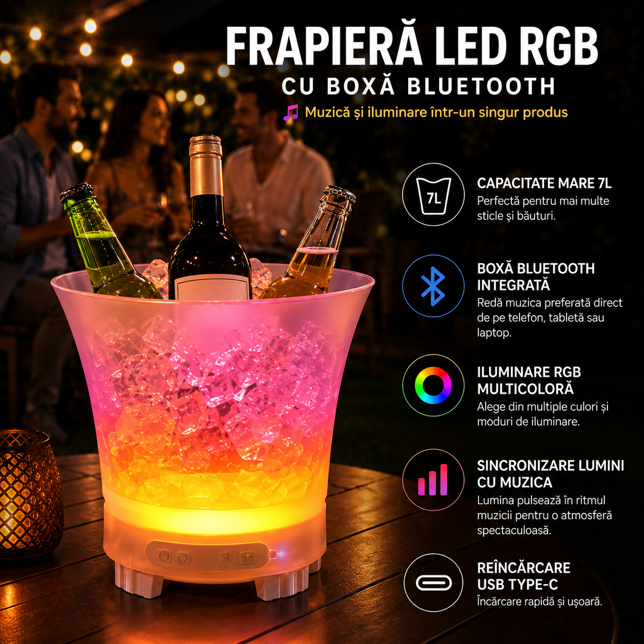 Frapieră PREMIUM cu Boxă Integrată (Conectare Bluetooth) și Iluminare LED Multicolor RGB, Capacitate Mare de 7 Litri, Reîncarcabilă (USB Type-C)