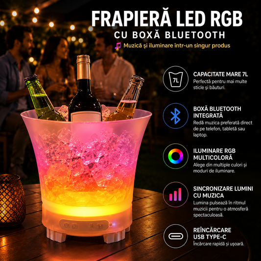 Frapieră PREMIUM cu Boxă Integrată (Conectare Bluetooth) și Iluminare LED Multicolor RGB, Capacitate Mare de 7 Litri, Reîncarcabilă (USB Type-C)