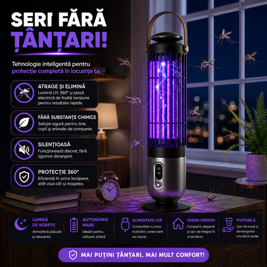 Model 2 | Lampă Anti-Țânțari 2 în 1 cu Lumină UV si Plasă Electrică de Înaltă Tensiune, Temporizare 3 Trepte, Portabilă, Silențioasă, Acoperire 360°