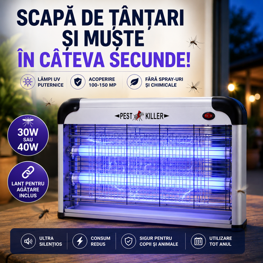 Aparat Profesional Anti-Tânțari (Muște, Insecte, Molii, etc), Lămpi UV si Plasă Electrică de Înaltă Tensiune, Foarte Silențios, cu Agățătoare, Putere 30W sau 40W