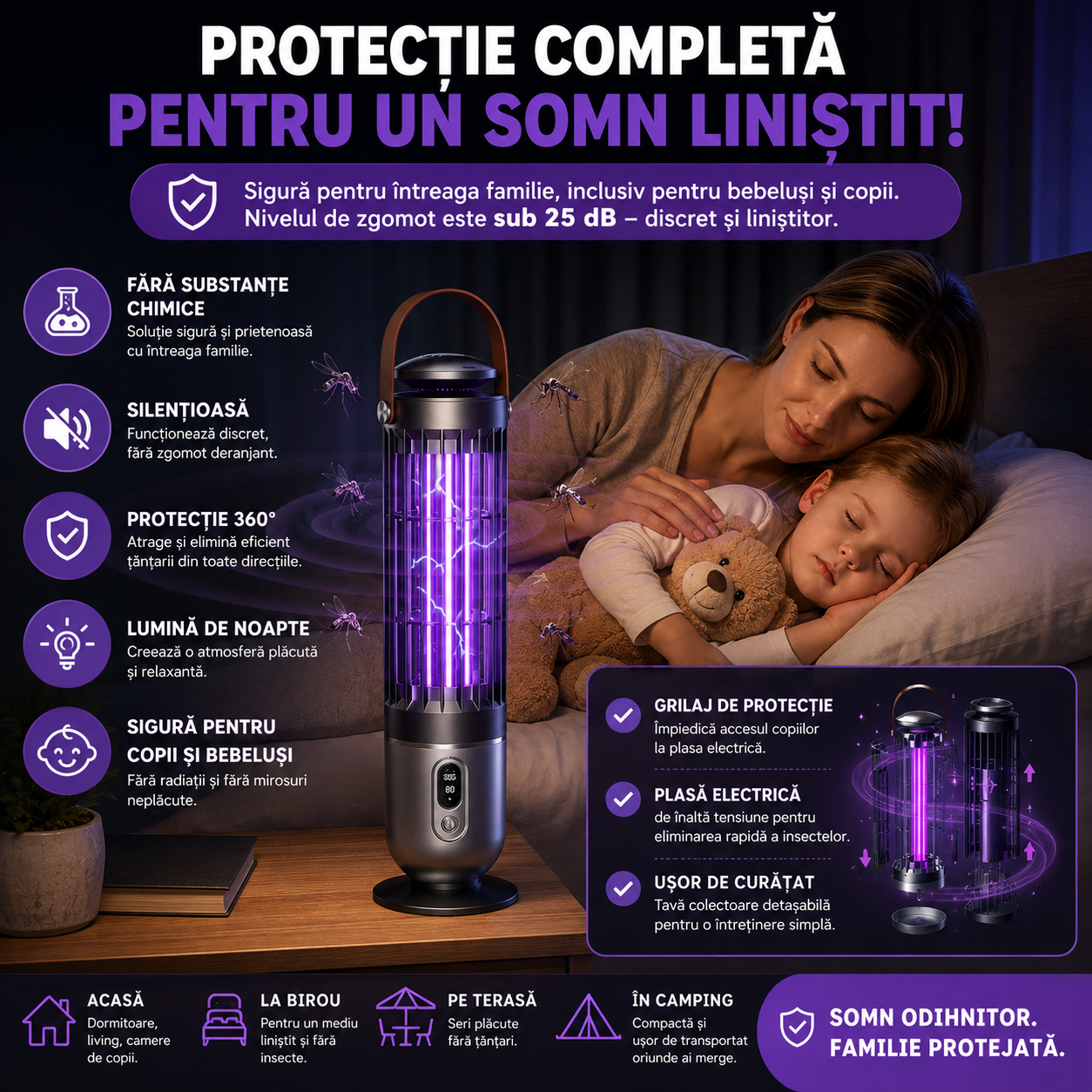Model 2 | Lampă Anti-Țânțari 2 în 1 cu Lumină UV si Plasă Electrică de Înaltă Tensiune, Temporizare 3 Trepte, Portabilă, Silențioasă, Acoperire 360°