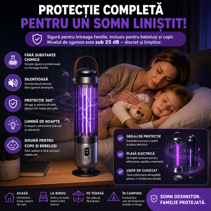 Model 2 | Lampă Anti-Țânțari 2 în 1 cu Lumină UV si Plasă Electrică de Înaltă Tensiune, Temporizare 3 Trepte, Portabilă, Silențioasă, Acoperire 360°