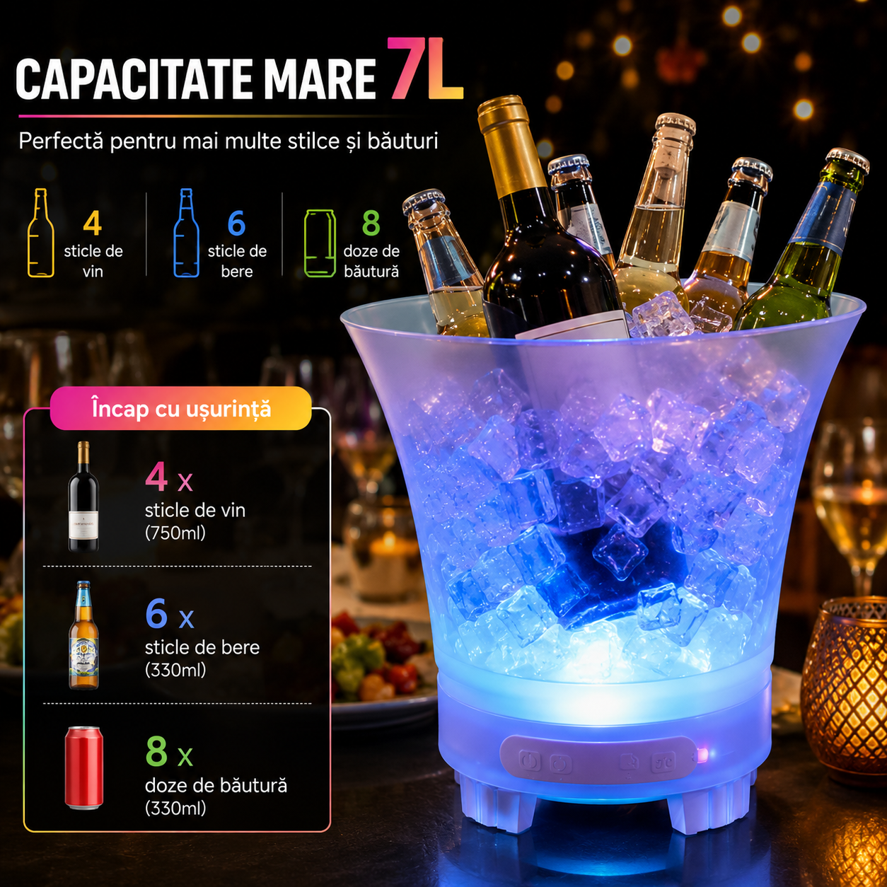 Frapieră PREMIUM cu Boxă Integrată (Conectare Bluetooth) și Iluminare LED Multicolor RGB, Capacitate Mare de 7 Litri, Reîncarcabilă (USB Type-C)