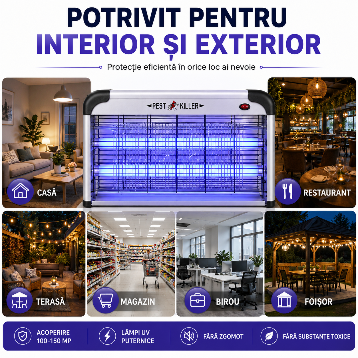 Aparat Profesional Anti-Tânțari (Muște, Insecte, Molii, etc), Lămpi UV si Plasă Electrică de Înaltă Tensiune, Foarte Silențios, cu Agățătoare, Putere 30W sau 40W