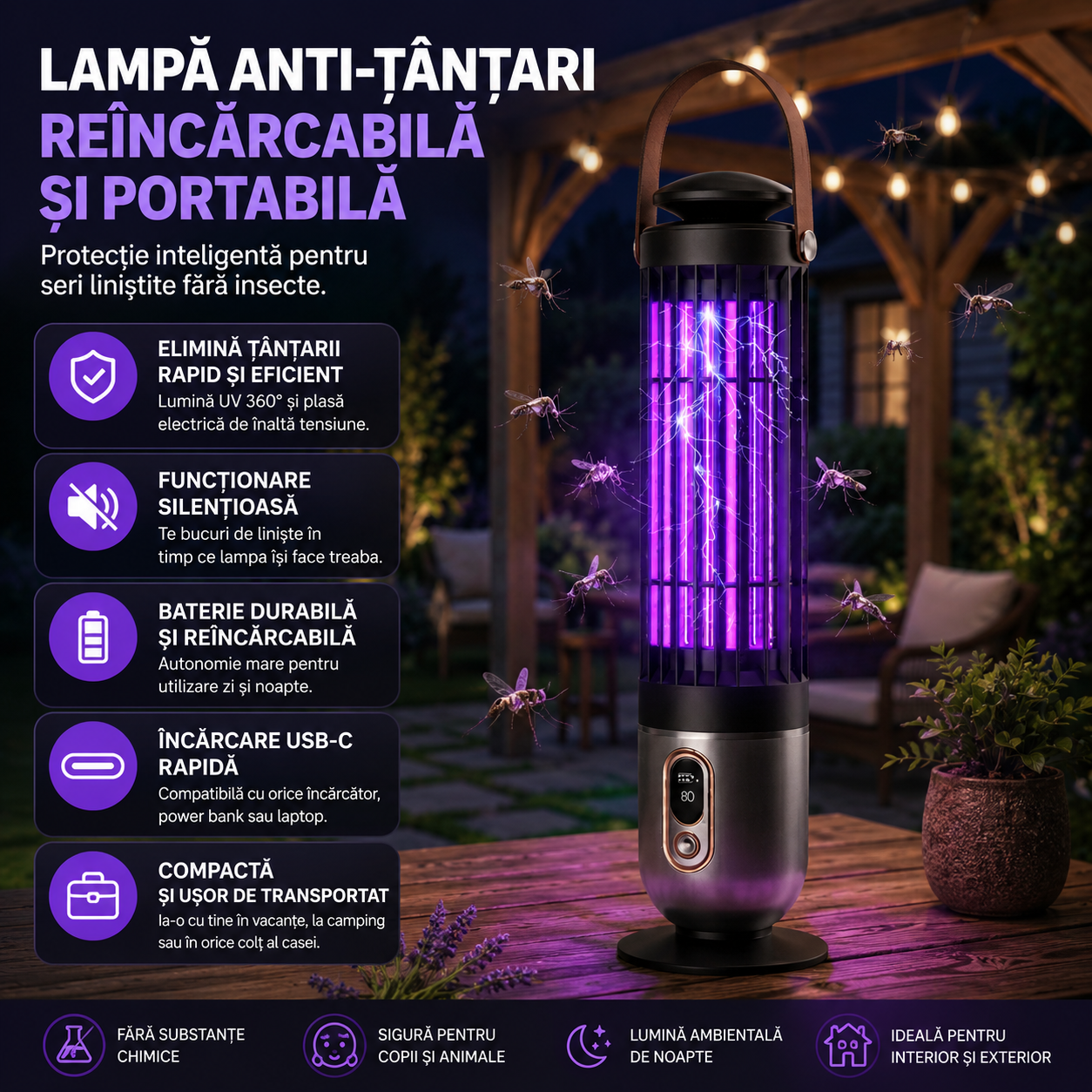 Model 2 | Lampă Anti-Țânțari 2 în 1 cu Lumină UV si Plasă Electrică de Înaltă Tensiune, Temporizare 3 Trepte, Portabilă, Silențioasă, Acoperire 360°