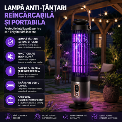 Model 2 | Lampă Anti-Țânțari 2 în 1 cu Lumină UV si Plasă Electrică de Înaltă Tensiune, Temporizare 3 Trepte, Portabilă, Silențioasă, Acoperire 360°