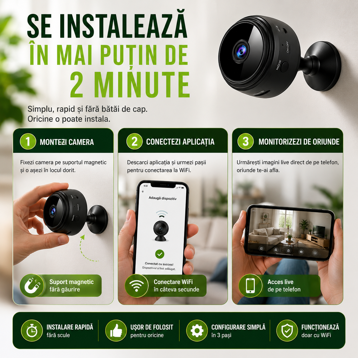 Set 3 Camere Mini, Rezoluție HD 1080P, Conectare WIFI, Vedere Nocturnă, Senzor de Mișcare, Aplicație Android/iOS