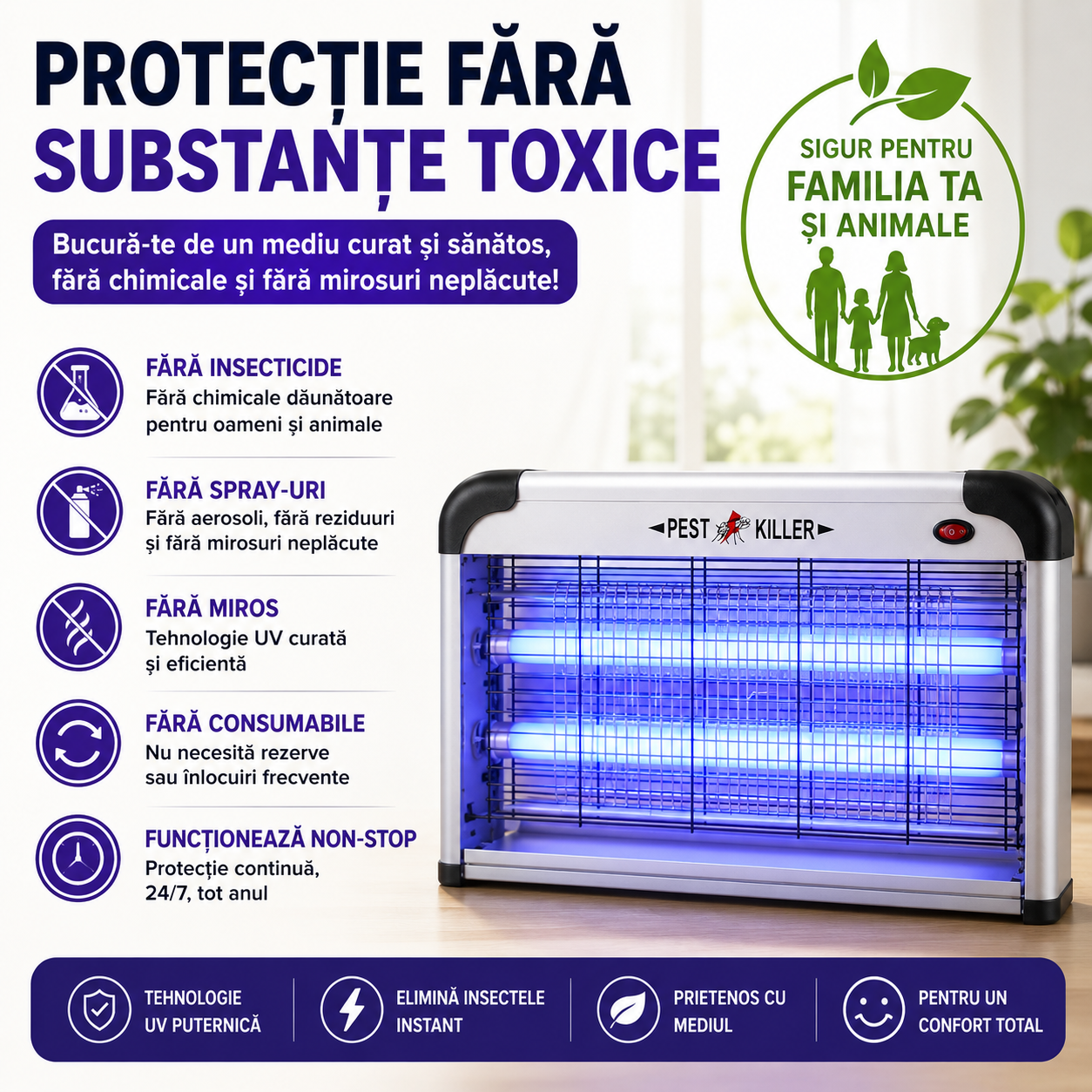 Aparat Profesional Anti-Tânțari (Muște, Insecte, Molii, etc), Lămpi UV si Plasă Electrică de Înaltă Tensiune, Foarte Silențios, cu Agățătoare, Putere 30W sau 40W
