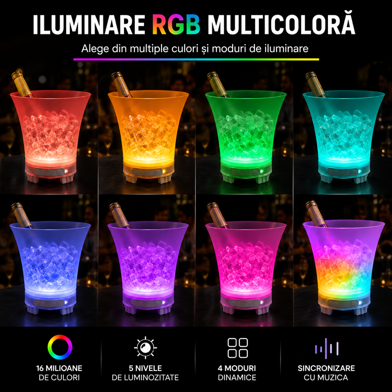 Frapieră PREMIUM cu Boxă Integrată (Conectare Bluetooth) și Iluminare LED Multicolor RGB, Capacitate Mare de 7 Litri, Reîncarcabilă (USB Type-C)