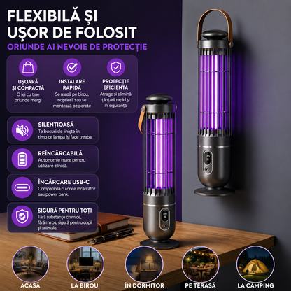 Model 2 | Lampă Anti-Țânțari 2 în 1 cu Lumină UV si Plasă Electrică de Înaltă Tensiune, Temporizare 3 Trepte, Portabilă, Silențioasă, Acoperire 360°
