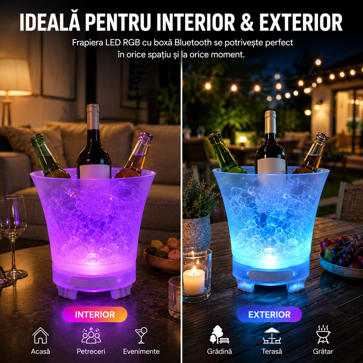 Frapieră PREMIUM cu Boxă Integrată (Conectare Bluetooth) și Iluminare LED Multicolor RGB, Capacitate Mare de 7 Litri, Reîncarcabilă (USB Type-C)