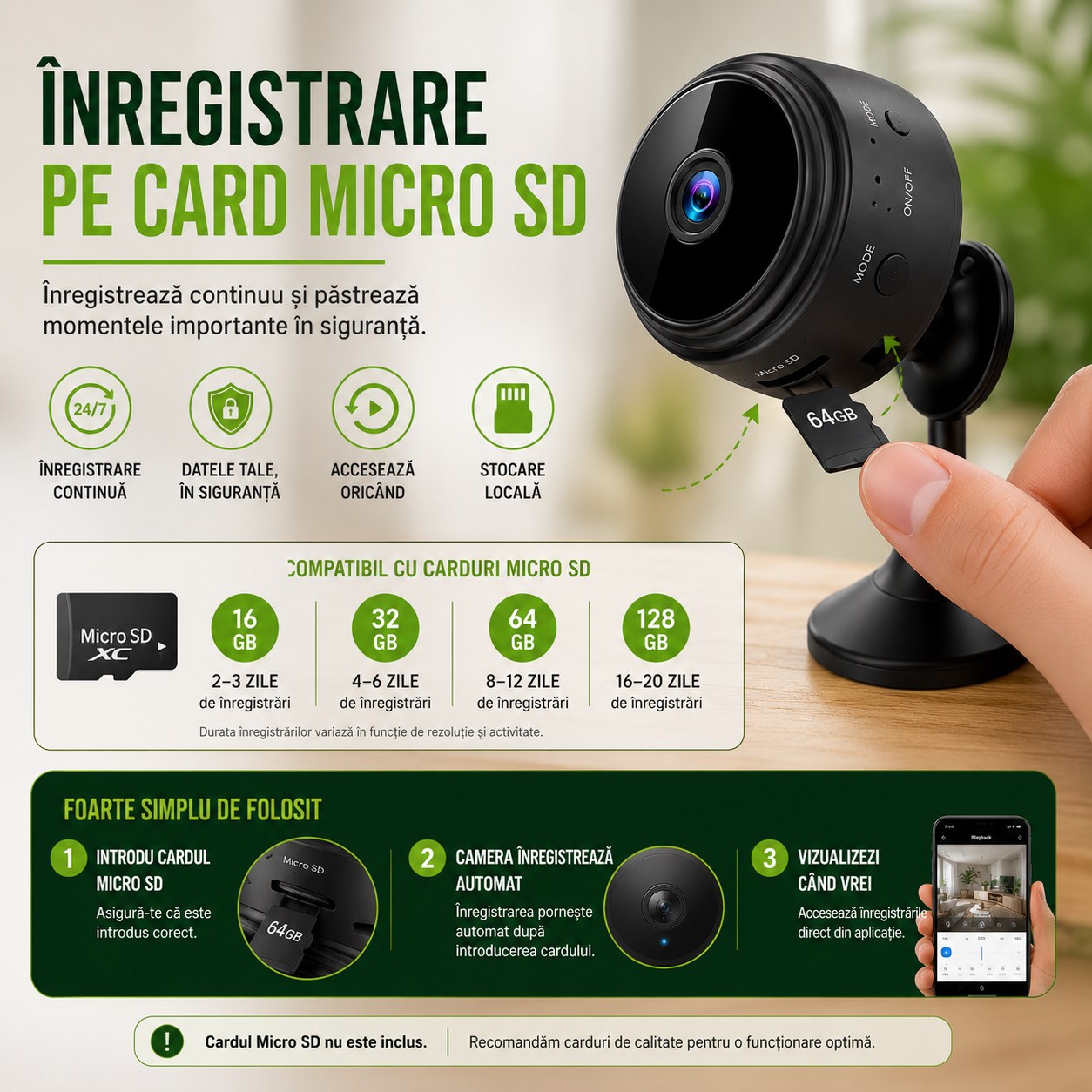Set 3 Camere Mini, Rezoluție HD 1080P, Conectare WIFI, Vedere Nocturnă, Senzor de Mișcare, Aplicație Android/iOS