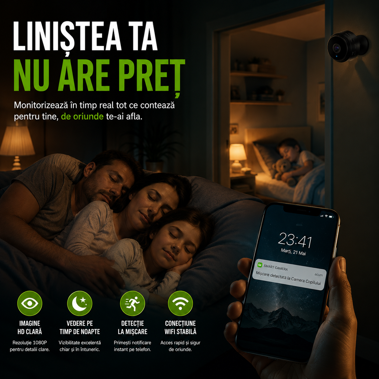 Set 3 Camere Mini, Rezoluție HD 1080P, Conectare WIFI, Vedere Nocturnă, Senzor de Mișcare, Aplicație Android/iOS