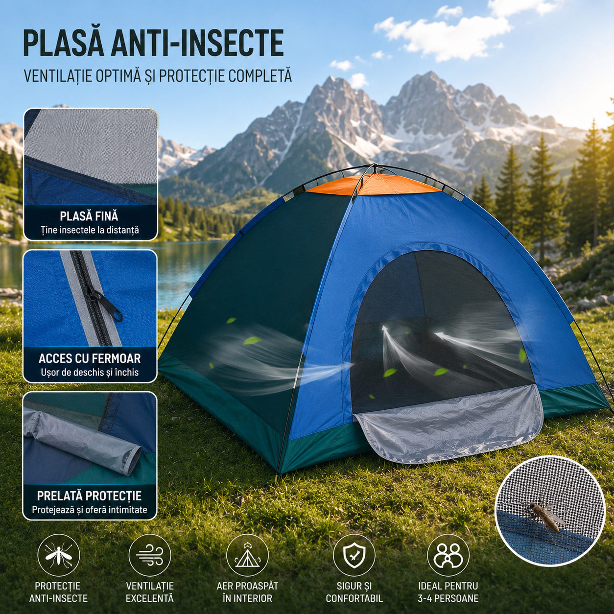 Cort Camping pentru 3-4 Persoane (Dimensiuni 200x200x135cm), Foarte Solid și Rezistent la Intemperii, Impermeabil, Protecție UV, Plasă Anti-Insecte, Geantă Transport
