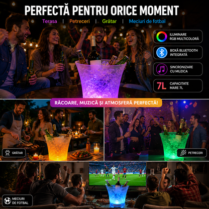 Frapieră PREMIUM cu Boxă Integrată (Conectare Bluetooth) și Iluminare LED Multicolor RGB, Capacitate Mare de 7 Litri, Reîncarcabilă (USB Type-C)
