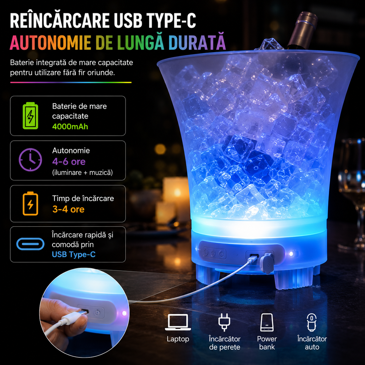 Frapieră PREMIUM cu Boxă Integrată (Conectare Bluetooth) și Iluminare LED Multicolor RGB, Capacitate Mare de 7 Litri, Reîncarcabilă (USB Type-C)