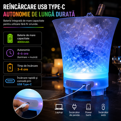 Frapieră PREMIUM cu Boxă Integrată (Conectare Bluetooth) și Iluminare LED Multicolor RGB, Capacitate Mare de 7 Litri, Reîncarcabilă (USB Type-C)