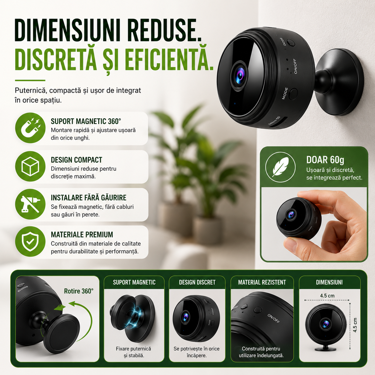Set 3 Camere Mini, Rezoluție HD 1080P, Conectare WIFI, Vedere Nocturnă, Senzor de Mișcare, Aplicație Android/iOS