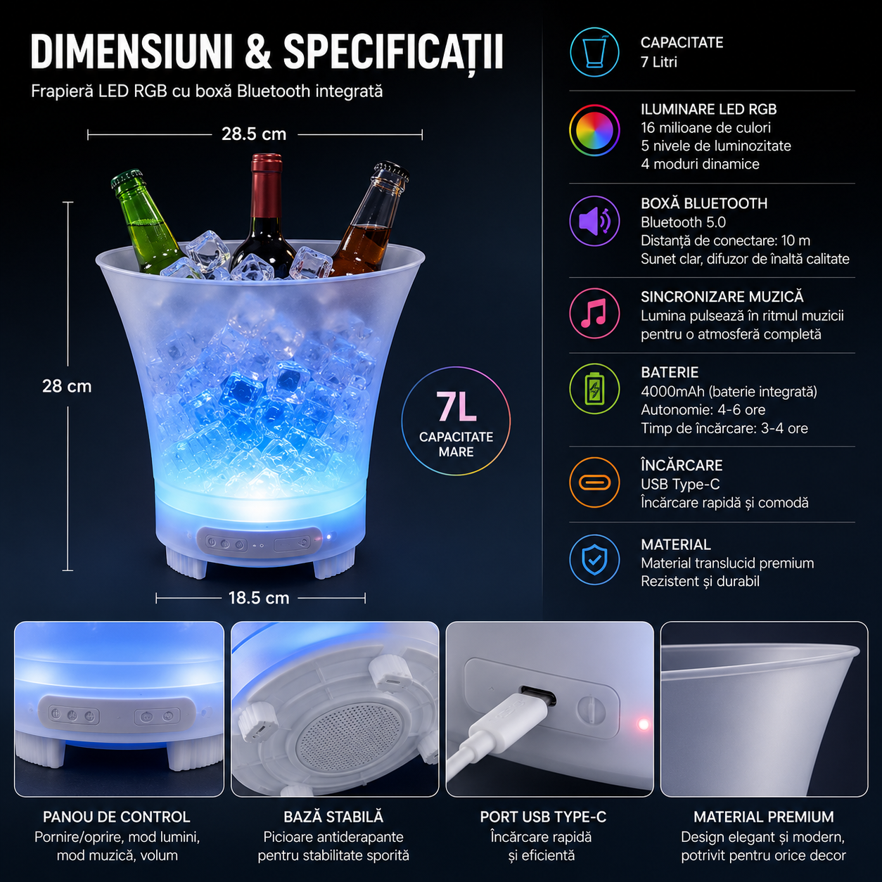 Frapieră PREMIUM cu Boxă Integrată (Conectare Bluetooth) și Iluminare LED Multicolor RGB, Capacitate Mare de 7 Litri, Reîncarcabilă (USB Type-C)