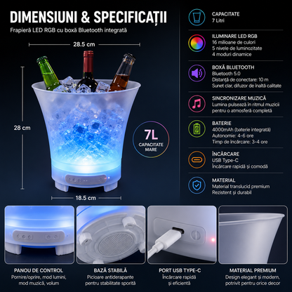 Frapieră PREMIUM cu Boxă Integrată (Conectare Bluetooth) și Iluminare LED Multicolor RGB, Capacitate Mare de 7 Litri, Reîncarcabilă (USB Type-C)