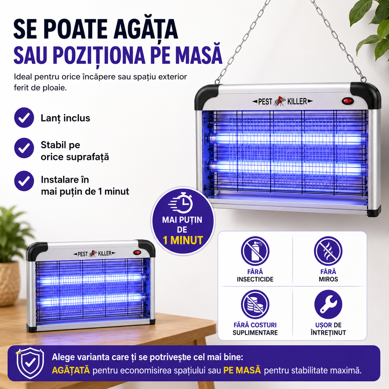 Aparat Profesional Anti-Tânțari (Muște, Insecte, Molii, etc), Lămpi UV si Plasă Electrică de Înaltă Tensiune, Foarte Silențios, cu Agățătoare, Putere 30W sau 40W