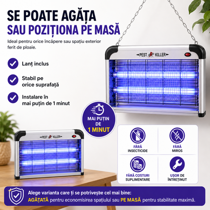 Aparat Profesional Anti-Tânțari (Muște, Insecte, Molii, etc), Lămpi UV si Plasă Electrică de Înaltă Tensiune, Foarte Silențios, cu Agățătoare, Putere 30W sau 40W