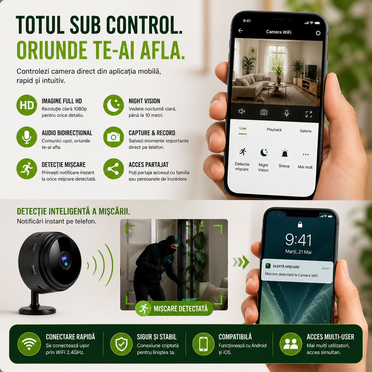 Set 3 Camere Mini, Rezoluție HD 1080P, Conectare WIFI, Vedere Nocturnă, Senzor de Mișcare, Aplicație Android/iOS
