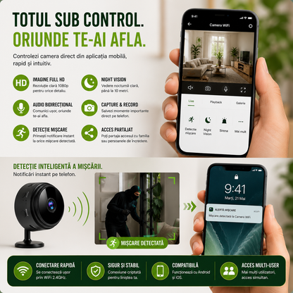 Set 3 Camere Mini, Rezoluție HD 1080P, Conectare WIFI, Vedere Nocturnă, Senzor de Mișcare, Aplicație Android/iOS
