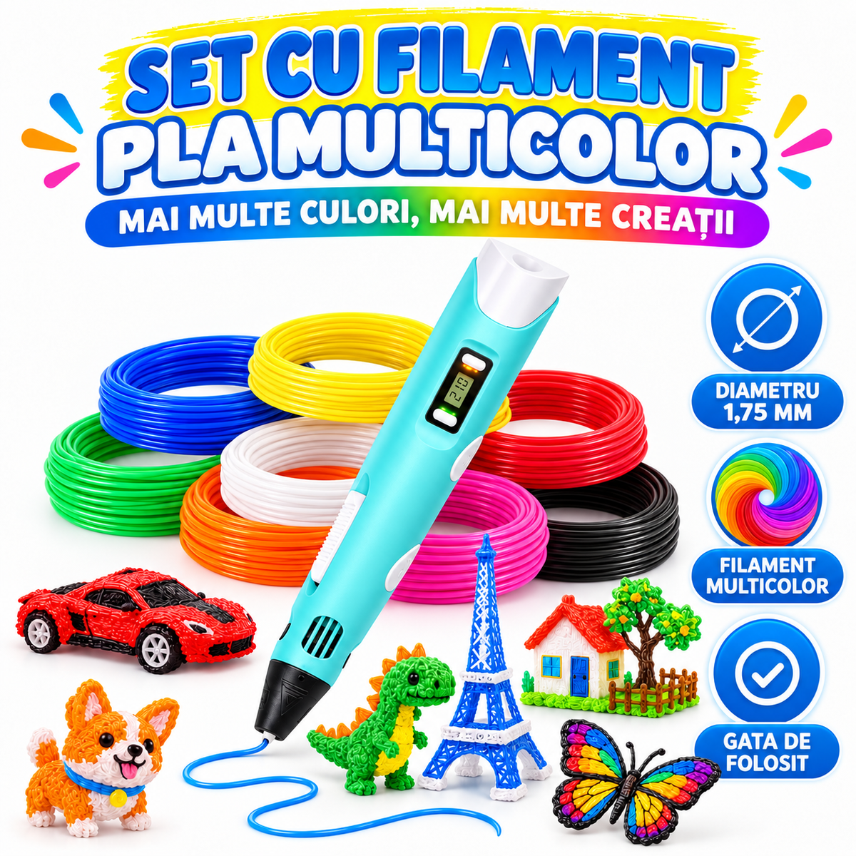 Creion-Stilou Inteligent 3D cu Afișaj și Filamente pentru Desenat în Spațiu, Duză 0,7mm, Temperatură Reglabilă 160-230°C și Filament PLA 120m Inclus, 12V