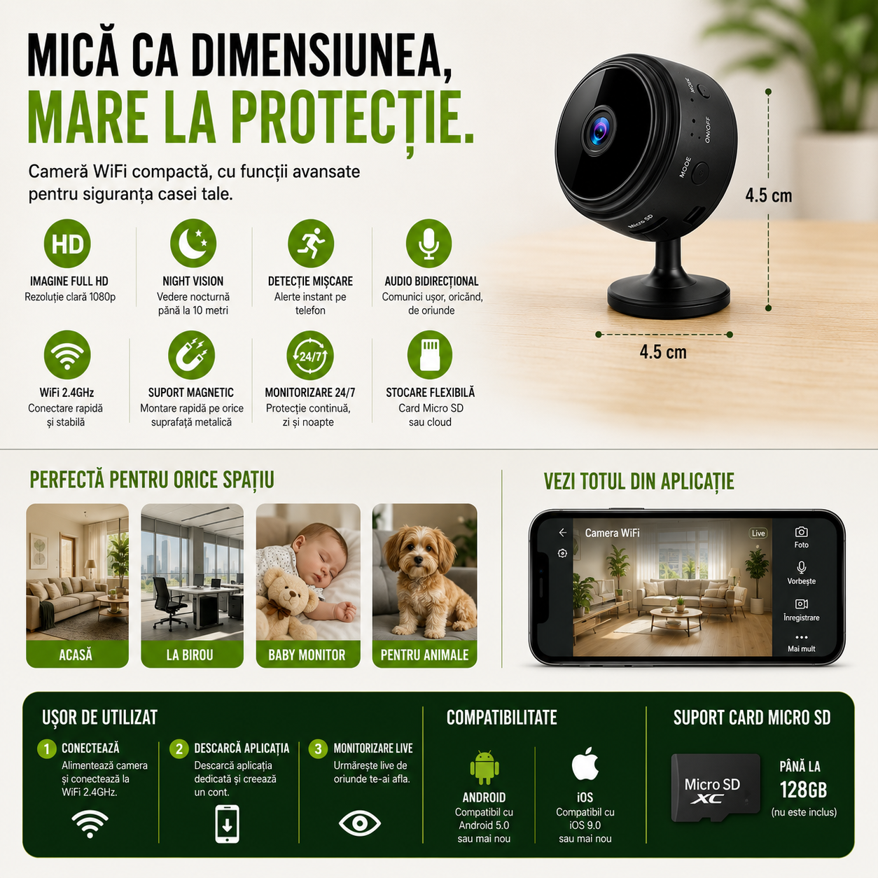 Set 3 Camere Mini, Rezoluție HD 1080P, Conectare WIFI, Vedere Nocturnă, Senzor de Mișcare, Aplicație Android/iOS