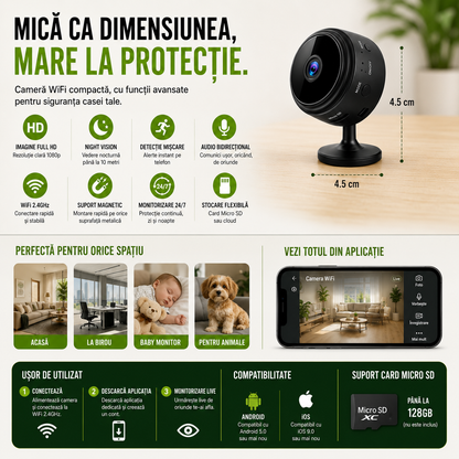 Set 3 Camere Mini, Rezoluție HD 1080P, Conectare WIFI, Vedere Nocturnă, Senzor de Mișcare, Aplicație Android/iOS