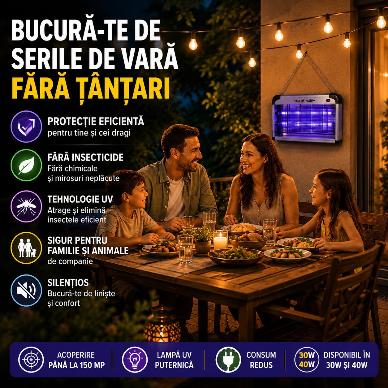 Aparat Profesional Anti-Tânțari (Muște, Insecte, Molii, etc), Lămpi UV si Plasă Electrică de Înaltă Tensiune, Foarte Silențios, cu Agățătoare, Putere 30W sau 40W