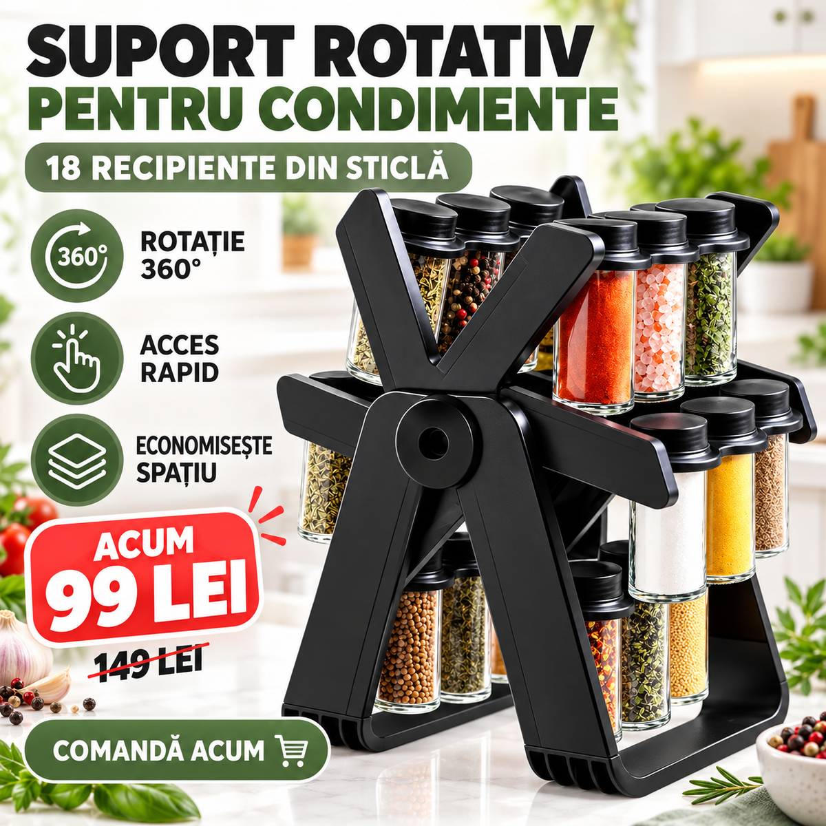 Organizator Condimente cu 18 Borcane și Suport Rotativ la 360°