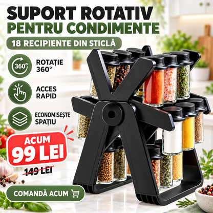 Organizator Condimente cu 18 Borcane și Suport Rotativ la 360°