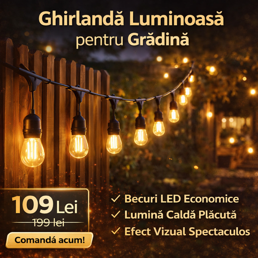 Ghirlandă Luminoasă pentru Grădină, Becuri LED Economice cu Lumină Caldă, Efect Vizual Spectaculos, Lungime 10-20 Metri cu 10-40 becuri