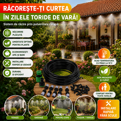 Kit Răcire cu Pulverizare Apă sub Formă de Vapori (Ceață), ideal pentru Terasă, Grădină, Balcon sau Plante / Animale - Scade Temperatura cu 10 Grade