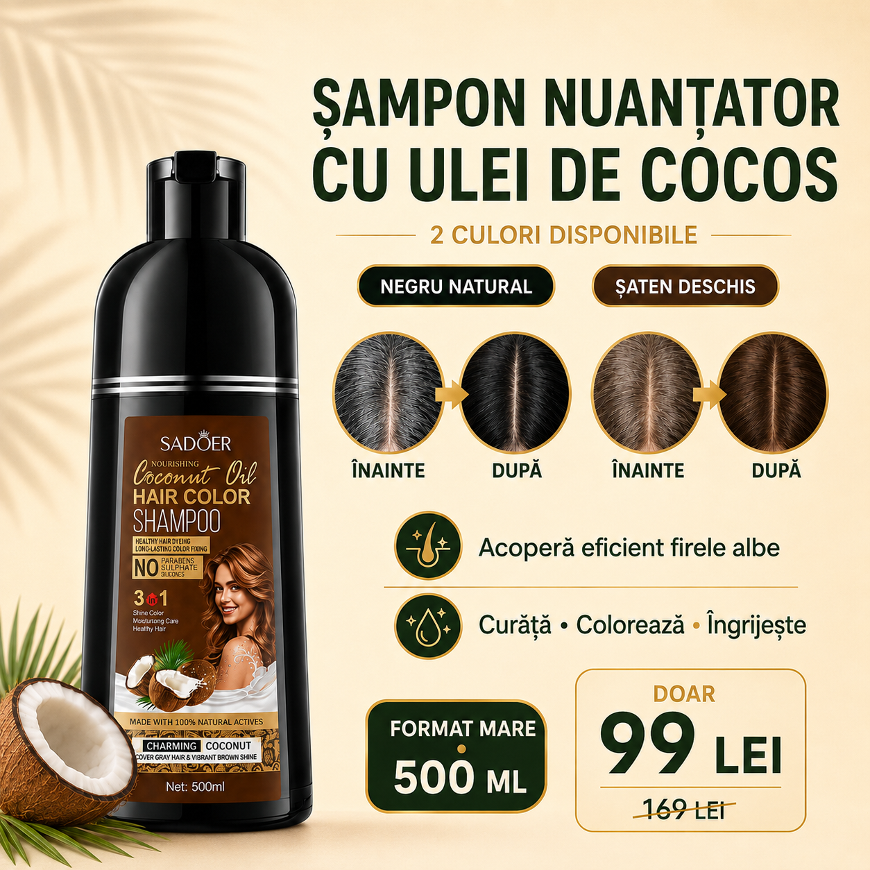 Șampon Nuanțator 3-în-1 (Colorează, Îngrijește și Hrănește Părul), cu Ulei de Cocos, Acoperă Efiecient Firele Albe, ideal pentru Femei și Bărbați, 500ml