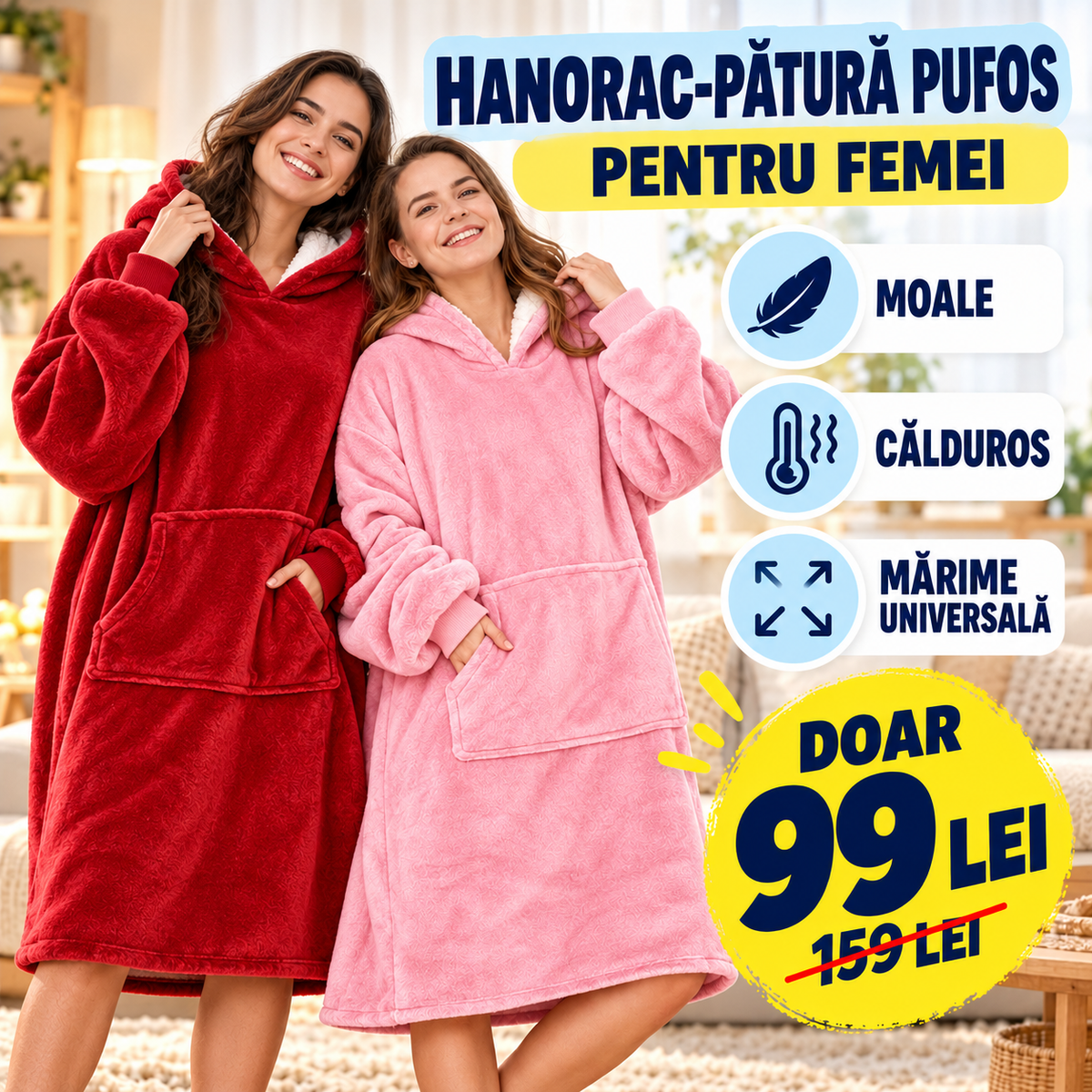 Hanorac-Pătură cu Blăniță, foarte Pufos și Călduros, cu Glugă și Buzunare, pentru Bărbați și Femei, mărime Universală, Roșu sau Roz