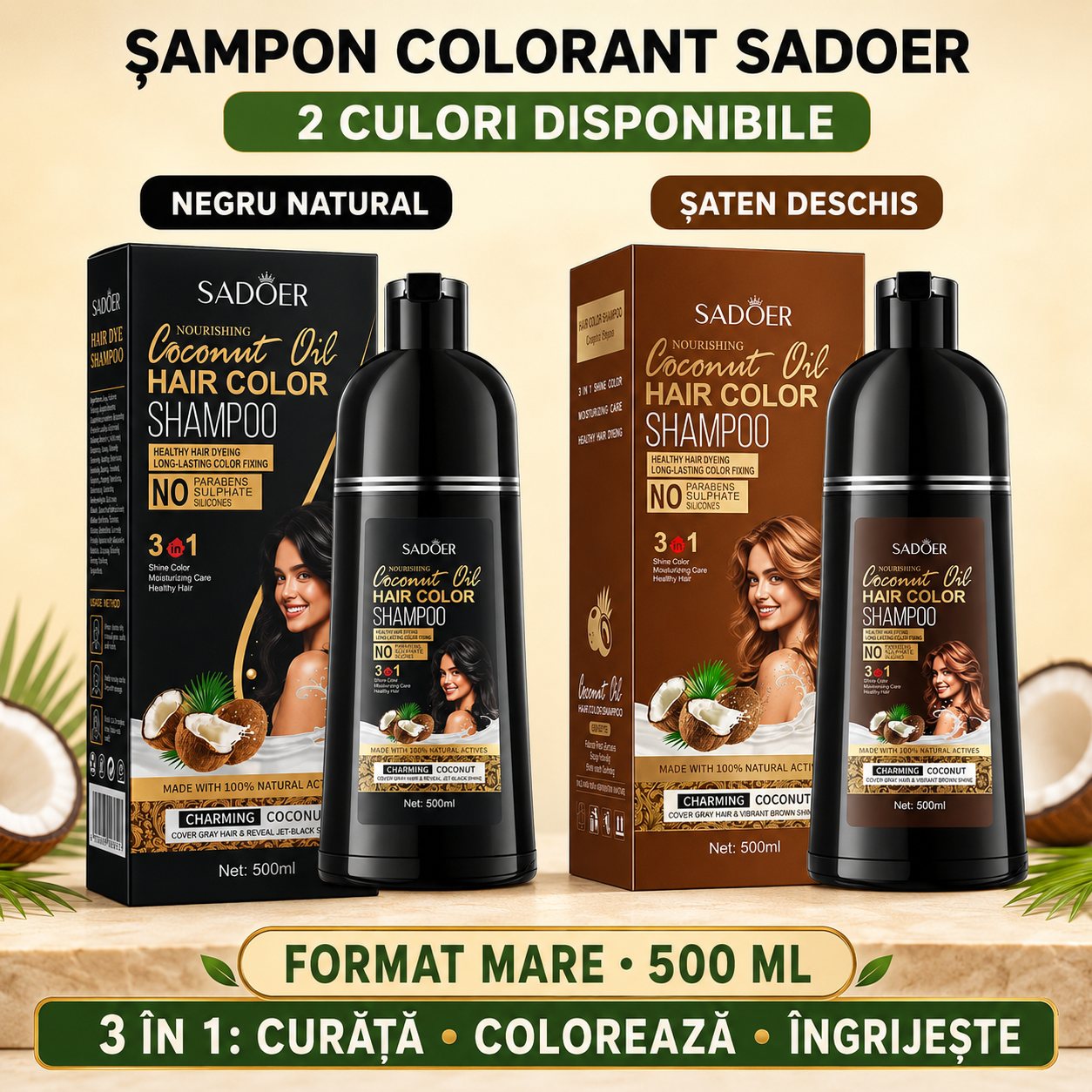 Pachet Îngrijire Păr: Șampon Nuanțator 3-în-1, cu Ulei de Cocos, 500ml + Șampon Esență Anti-Cădere și Refacere Păr, cu Ghimbir, 500ml