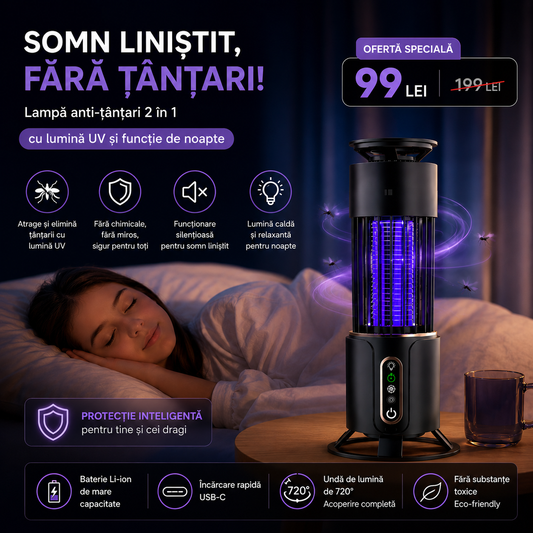 Model 1 | Lampă Anti-Țânțari 2 în 1 cu Lumină UV si Plasă Electrică de Înaltă Tensiune, Temporizare 3 Trepte, Portabilă, Silențioasă, Acoperire 360°