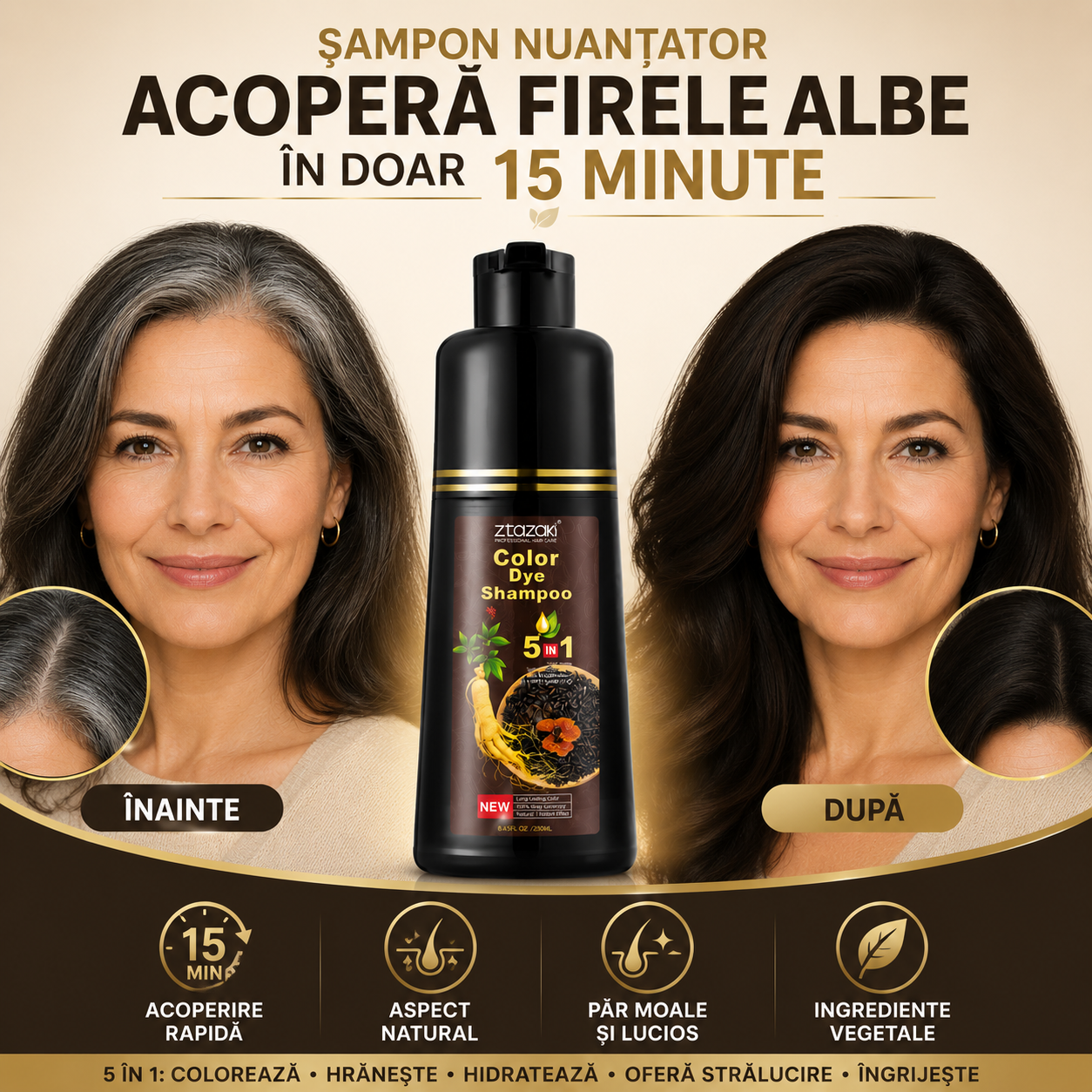 Șampon Nuanțator 5-în-1, cu Plante Naturale, Colorează, Îngrijește și Hrănește Părul, Acoperă Efiecient Firele Albe, ideal pentru Femei și Bărbați, 250ml