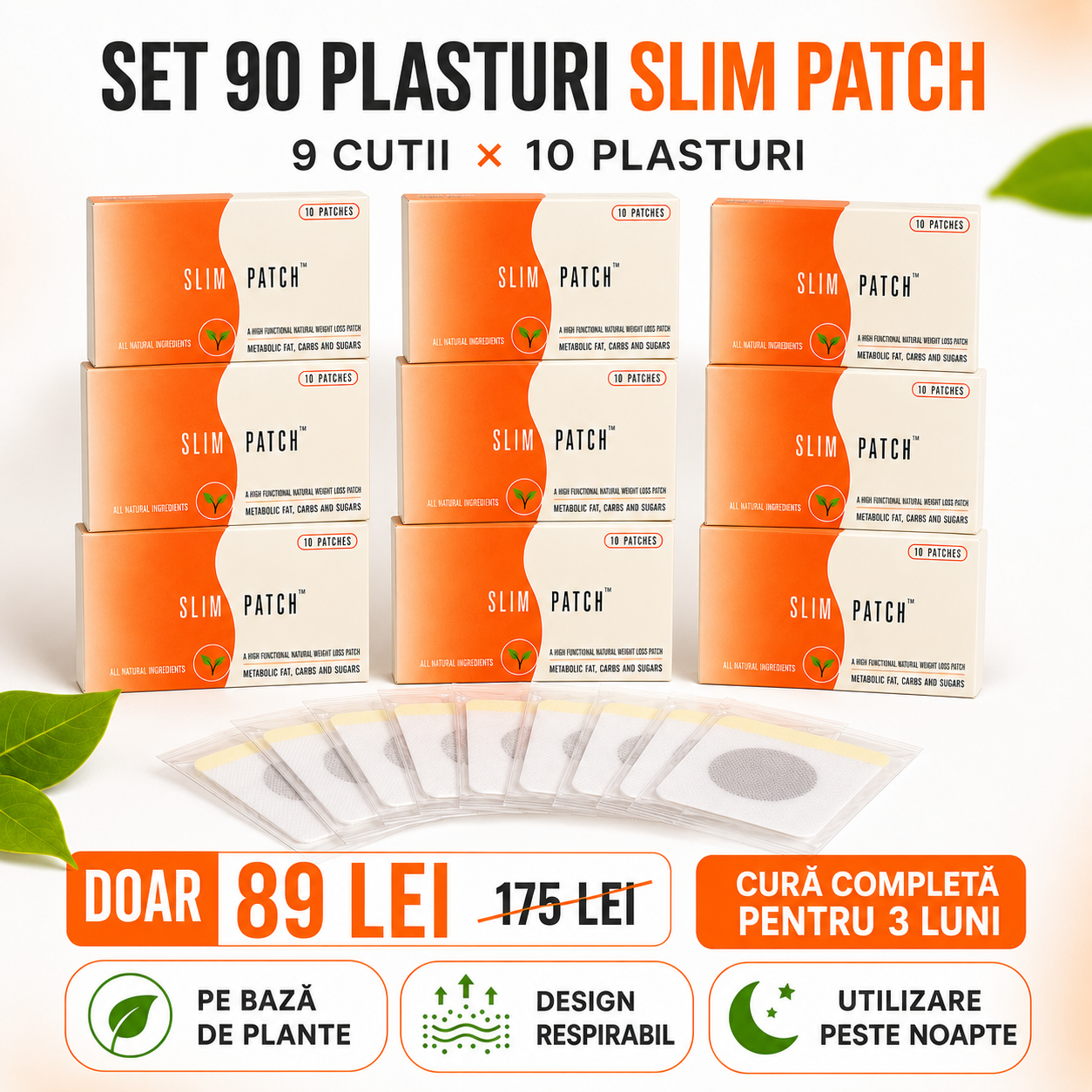 Set 90 Plasturi Slim Patch, Cură Completă pentru 3 Luni, pentru Detoxifiere Naturală, Reduce Poftă de Mâncare, Eliminarea Toxinelor din Corp