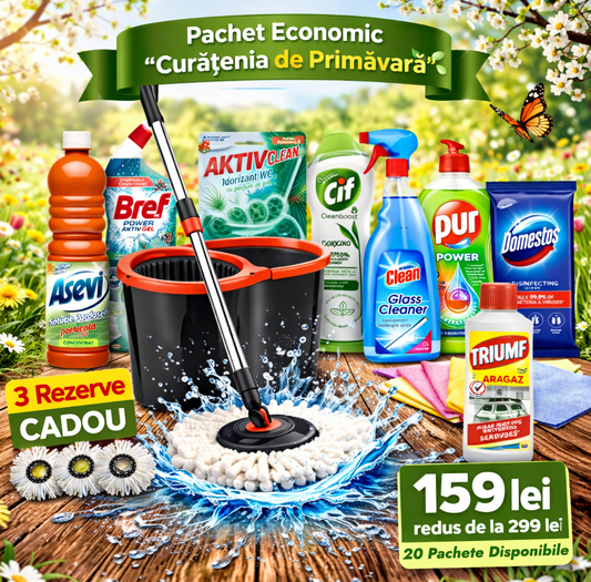 Pachet Economic "Curățenia de Primăvară" - Set Mop Rotativ 360° cu Găleată Dublă de 14 Litri și 3 Rezerve CADOU + Multiple Produse pentru Curățenie