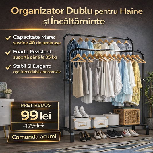Organizator Dublu pentru Haine și Încălțăminte, foarte Încăpător (40 Umerașe), foarte Rezistent (35 Kg), Oțel Inoxidabil Anti-Coroziv, Design Modern