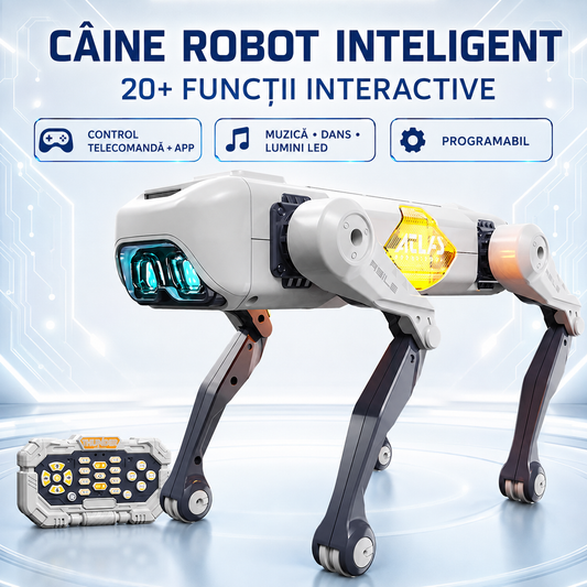 Robot Câine Inteligent, Programabil, Control prin Telecomandă, Aplicație sau Comenzi Vocale, 20+ Funcții Interactive (Muzică, Dans, Lumini LED, Imită Înotul, Stă în 2 Labe, etc.)