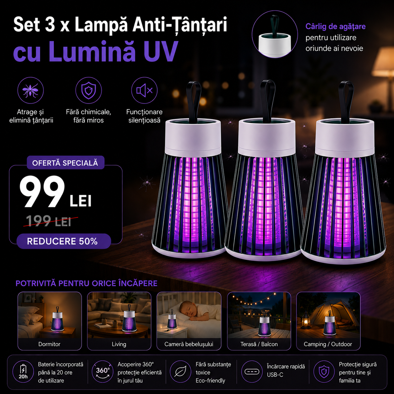 Set 3 x Lampă Anti-Țânțari cu Lumină UV si Plasă Electrică de Înaltă Tensiune, Portabilă, Silențioasă